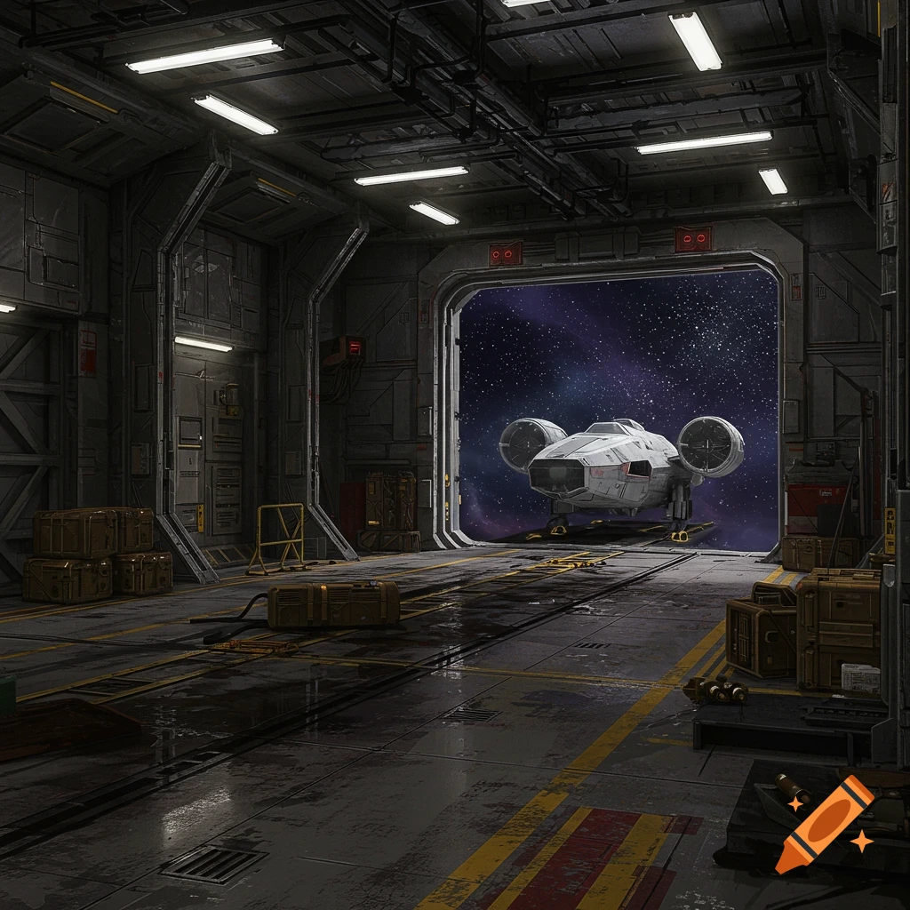 A white spaceship sits in a dark, industrial space station docking bay, looking out at a starry nebula.