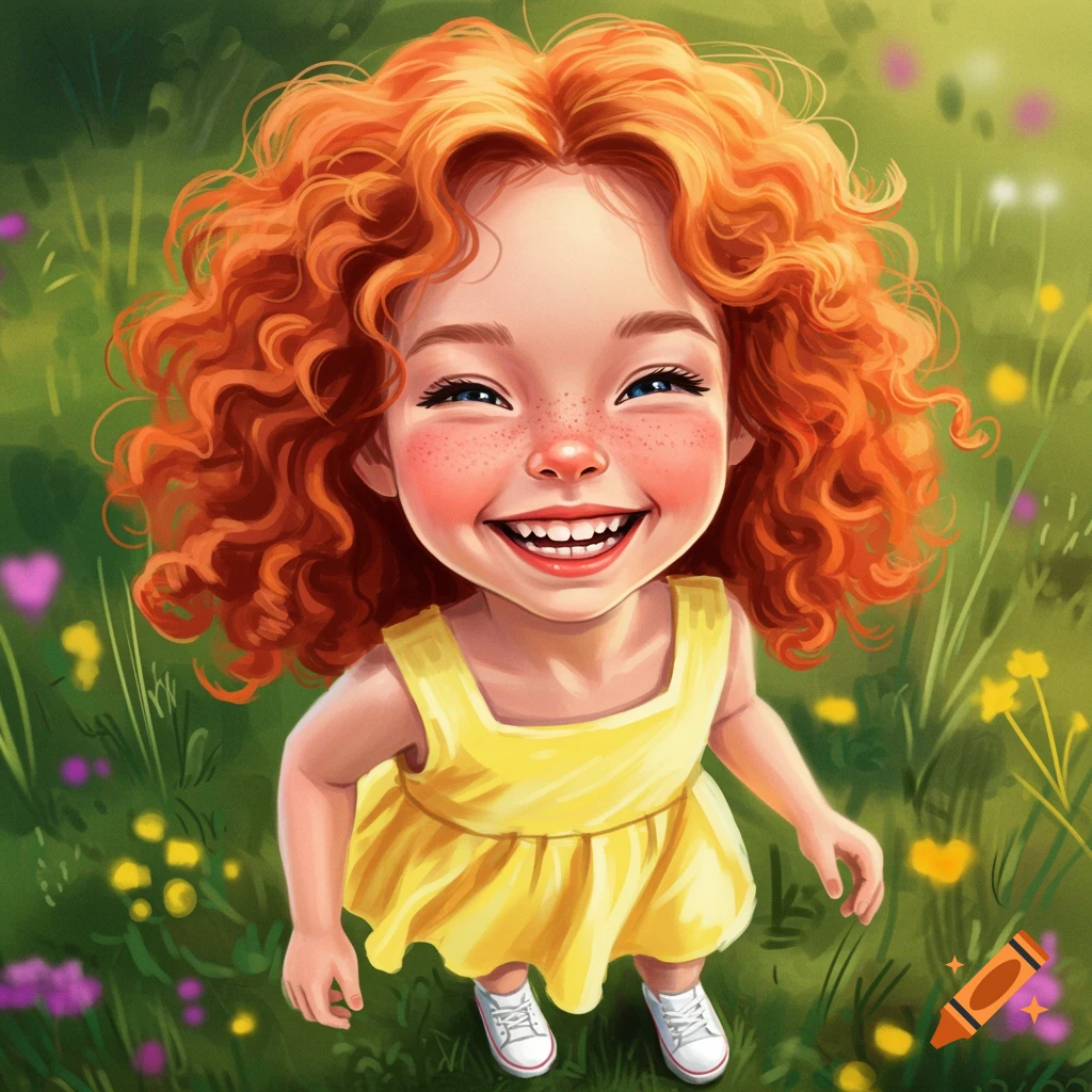 Digital illustration of a smiling young girl with red curly hair in a yellow dress, standing in a field of flowers.