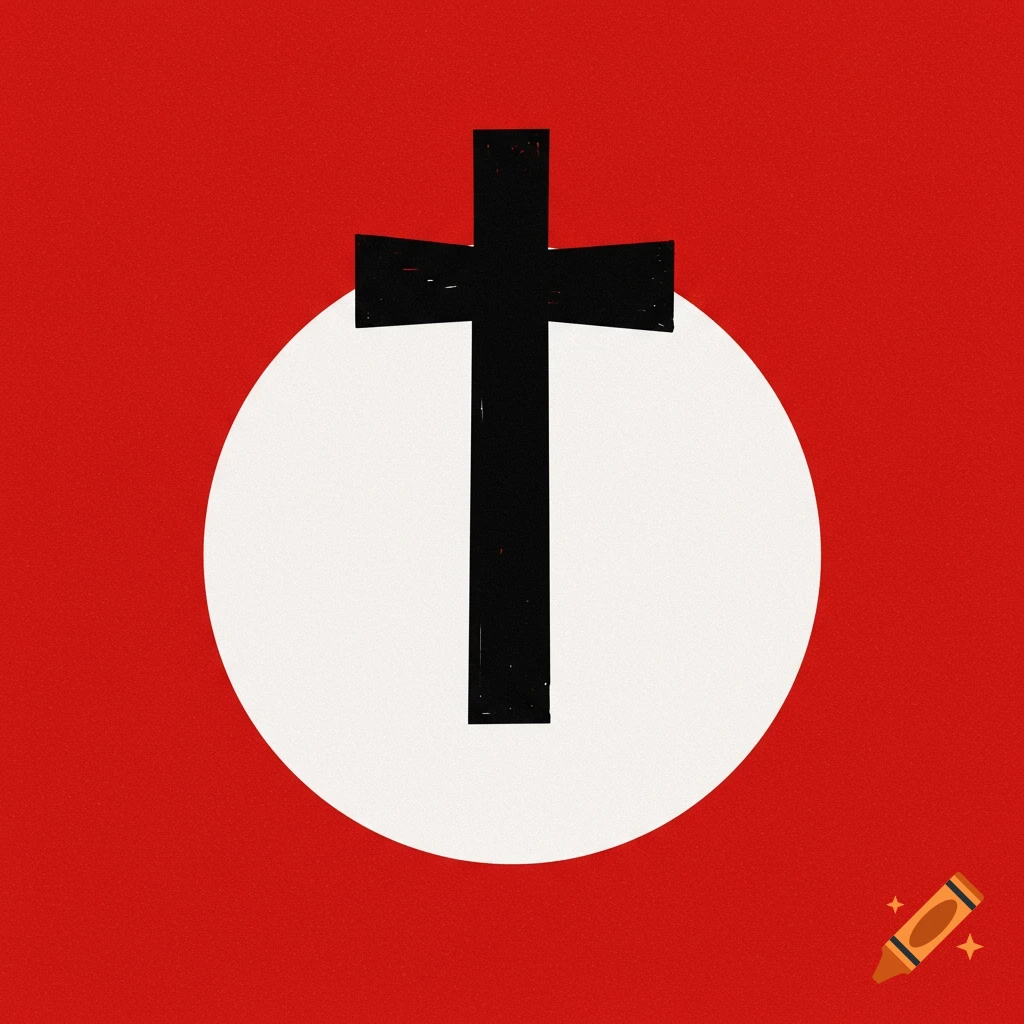 A black cross on a white circle against a red background.