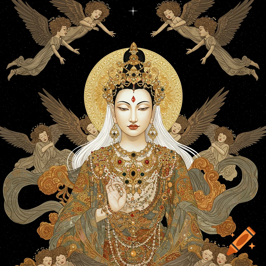 A crowned goddess with long white hair is surrounded by flying angels against a dark sky.