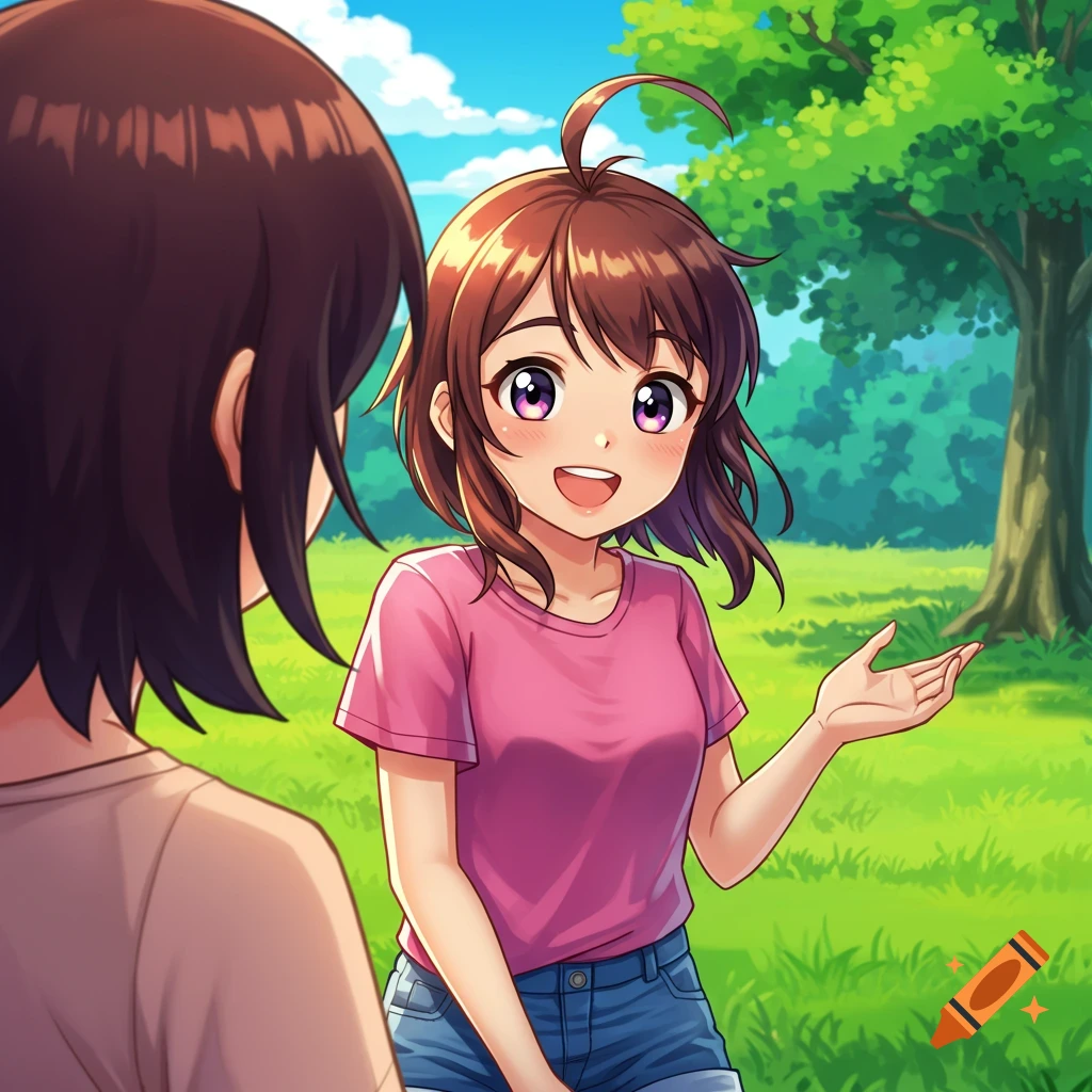 Anime illustration of two girls talking in a sunny park.