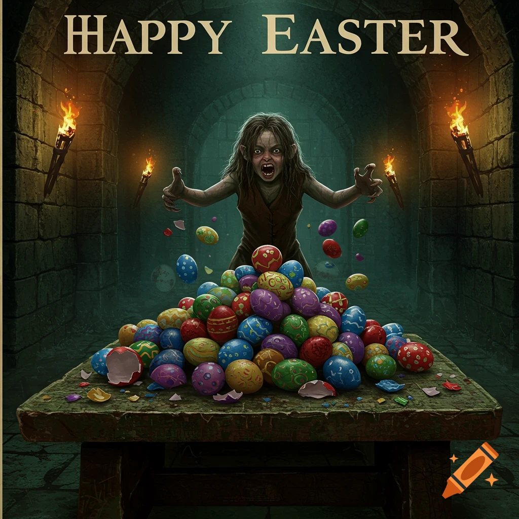 Creature resembling Smeagol standing behind a pile of colorful Easter eggs on a table in a dungeon, with "HAPPY EASTER" text above.
