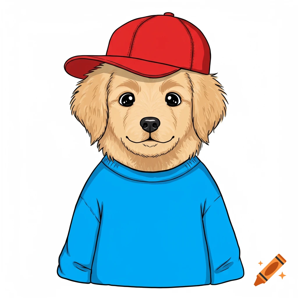 Cartoon golden retriever puppy wearing a red baseball cap and blue sweatshirt.
