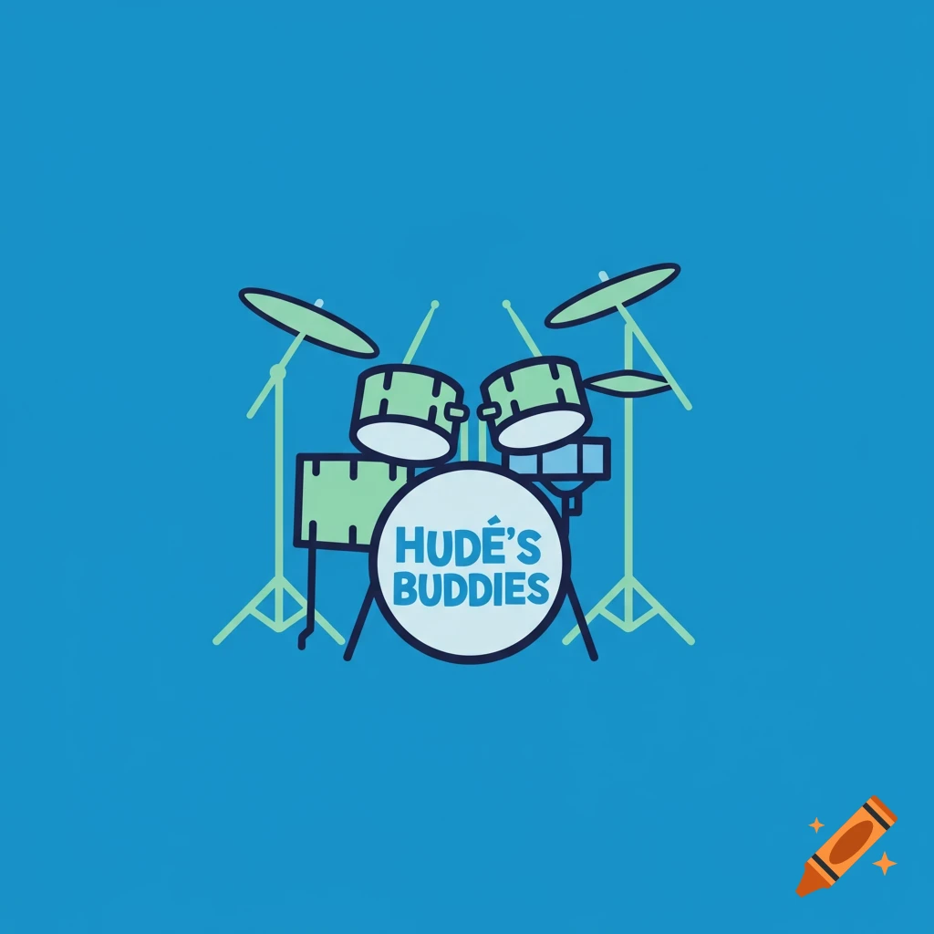 A simple blue and green illustration logo of a drum kit with the text 'HUD




É'S BUDDIES' on the bass drum.