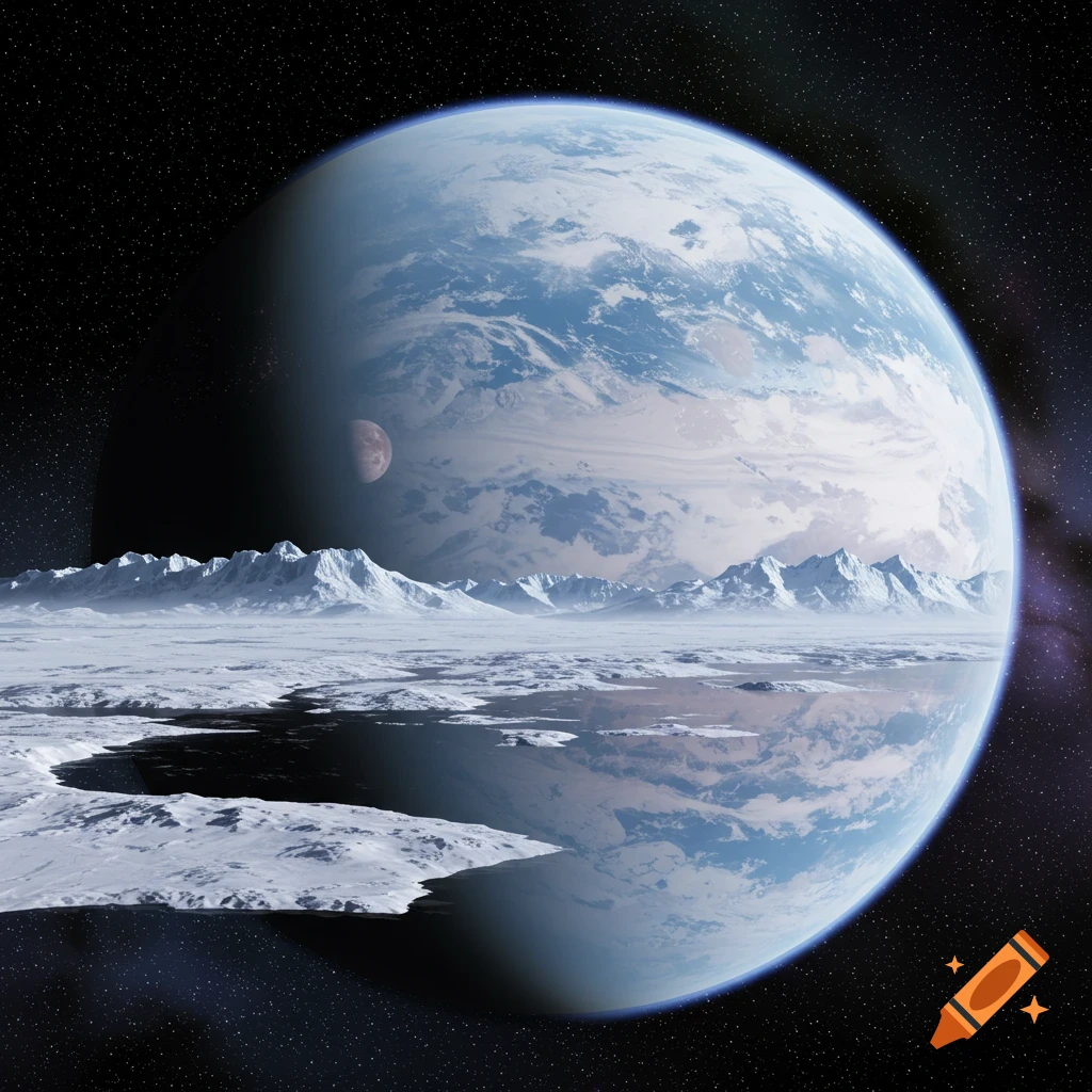 A frozen alien planet with icy mountains reflecting in dark water.
