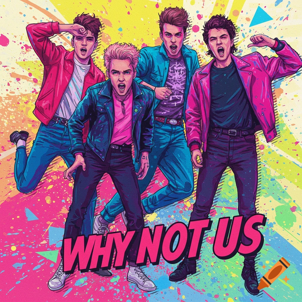 Four men in colorful 80s style jackets with the text 'WHY NOT US'.