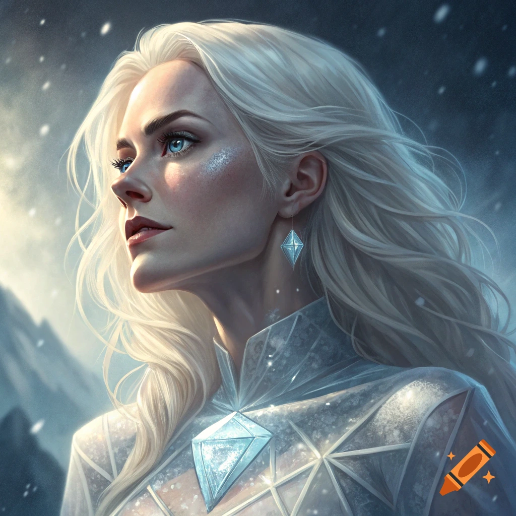 Portrait of a woman with white hair and blue eyes in a sparkly outfit in a snowy fantasy setting.