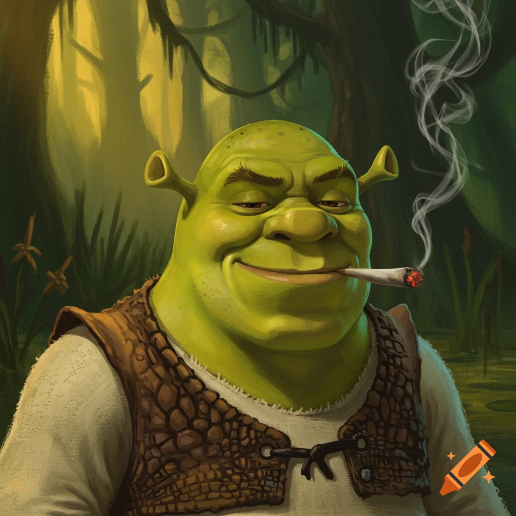 Shrek smoking a joint in a swamp.