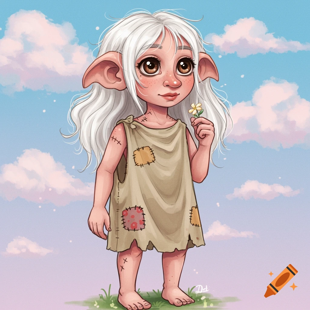 A young fantasy creature with white hair and large ears, wearing a patched dress and holding a flower under a cloudy sky.