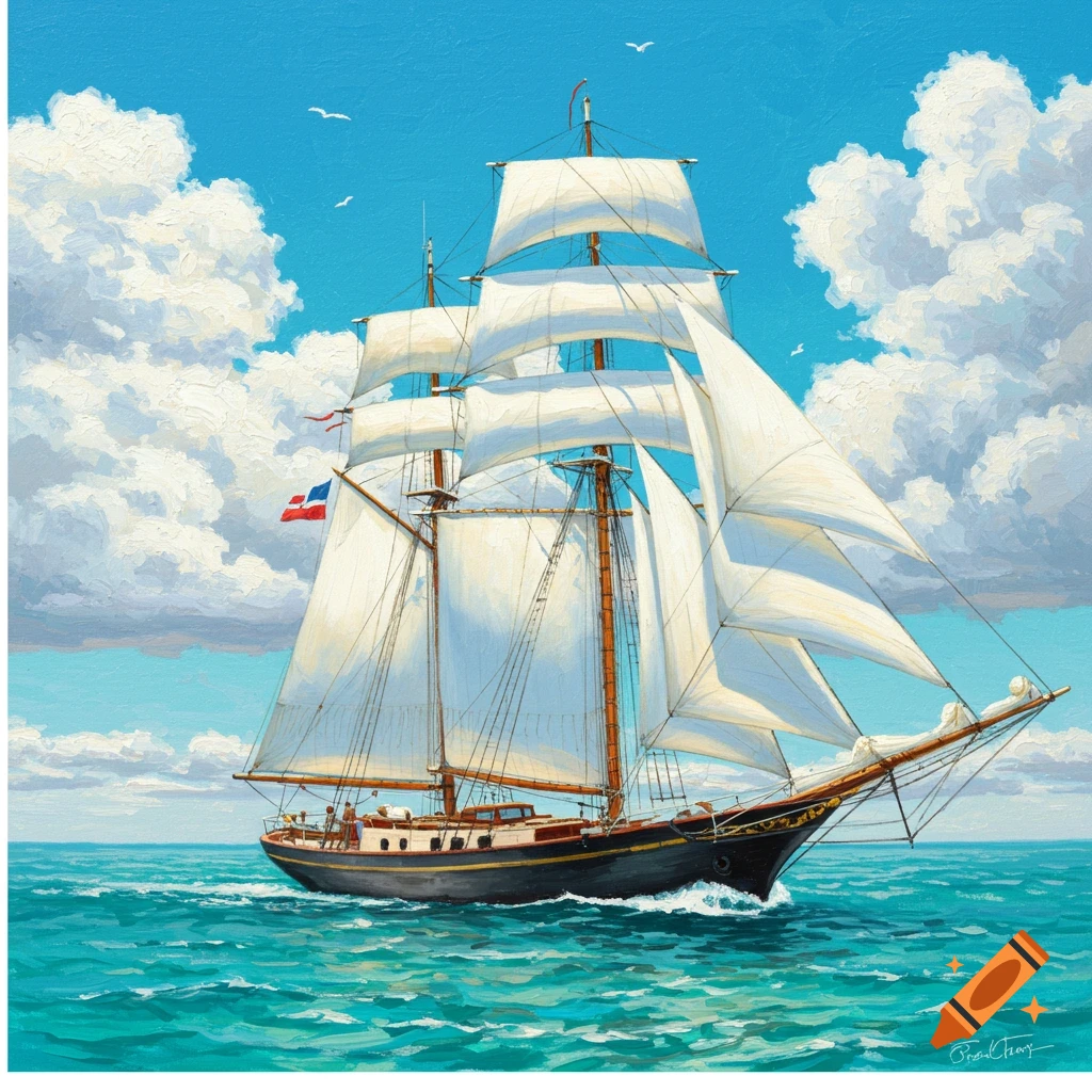 A sailboat on the ocean under a cloudy blue sky.
