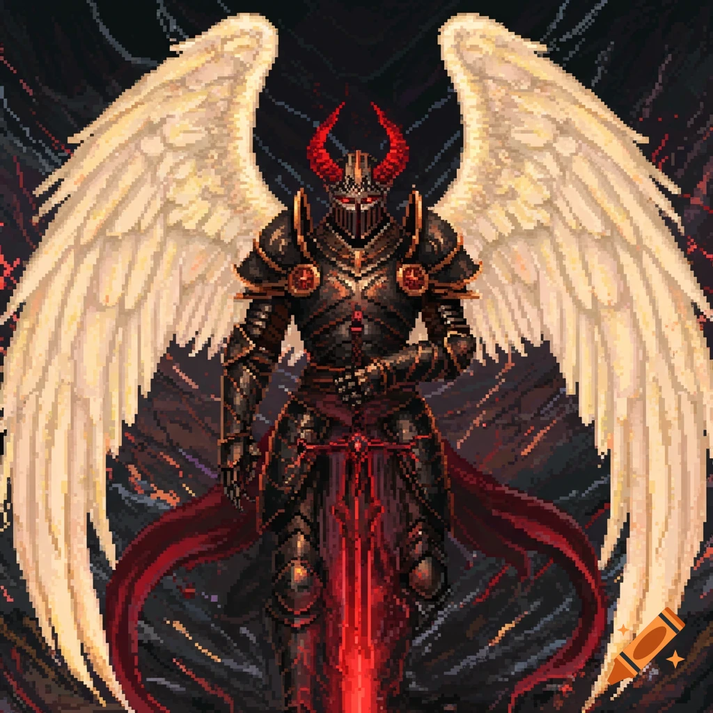 Pixel art dark knight with angel wings, demon horns, and glowing red sword.