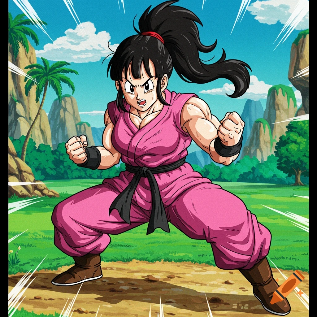 Anime depiction of Chi-Chi in pink gi striking a fighting pose outdoors.