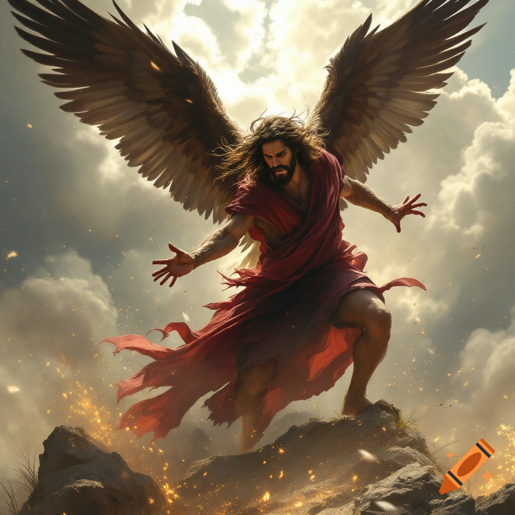 A dramatic winged figure in a red robe stands on a rock in the sky.