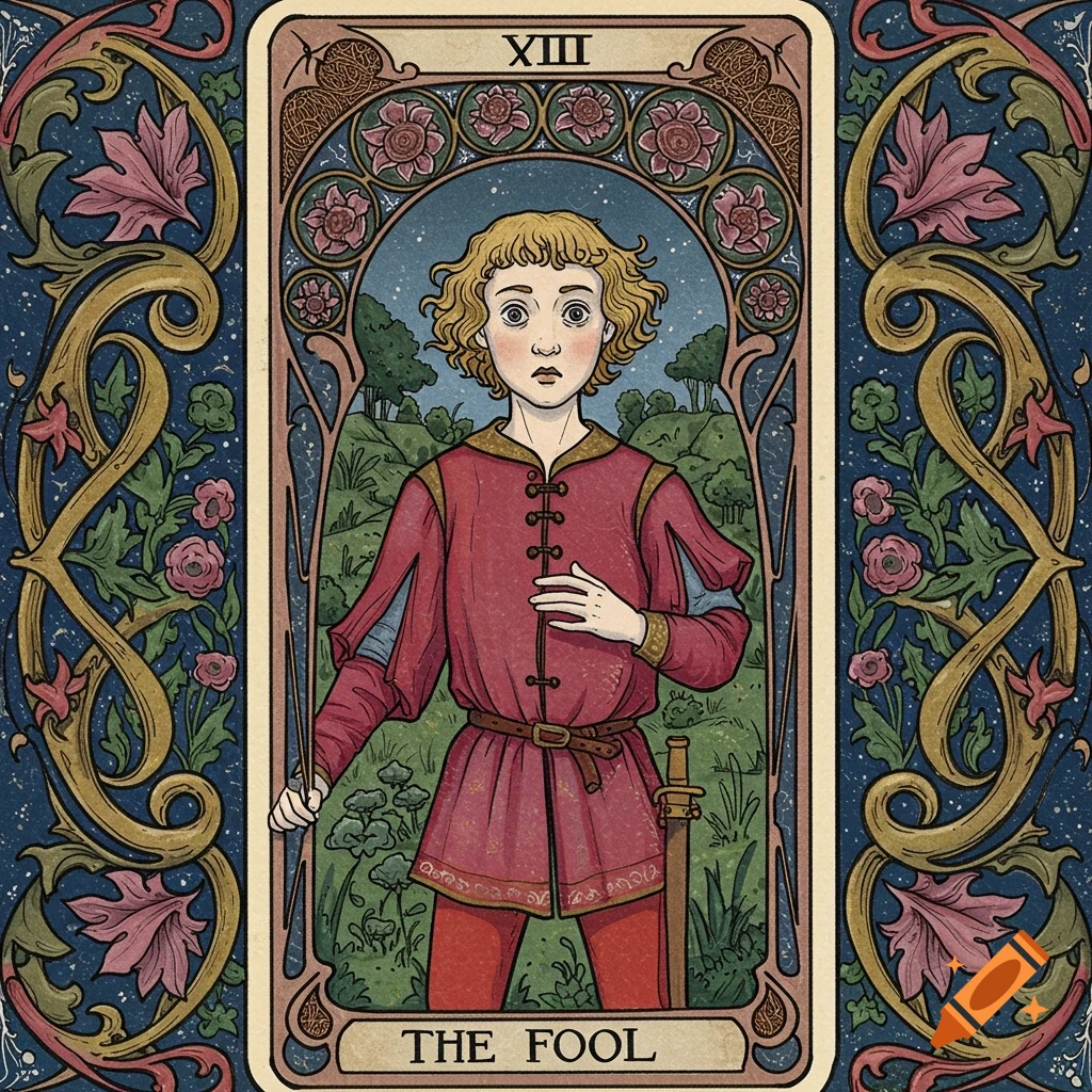 Illustration of The Fool tarot card in Art Nouveau style with flowers and stars.