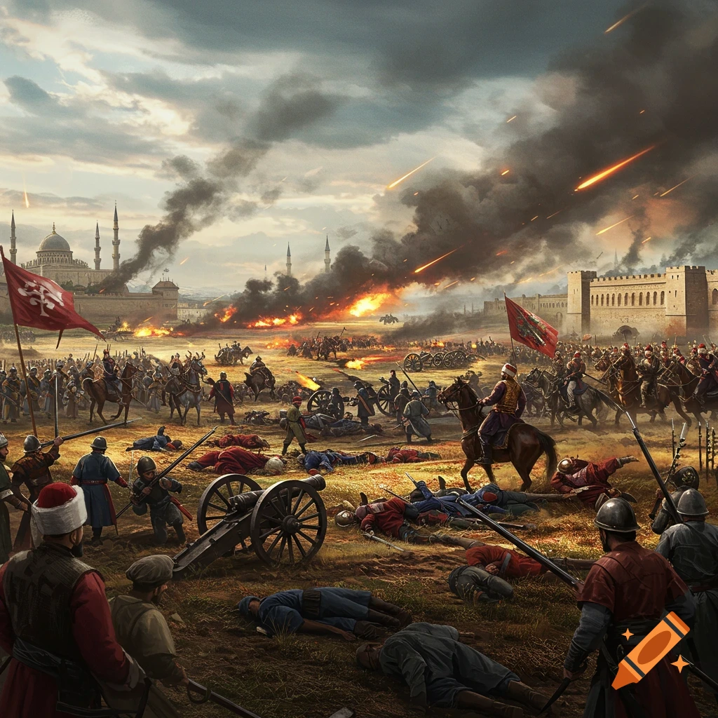 A large historical battle scene with soldiers, cannons, smoke, and buildings.