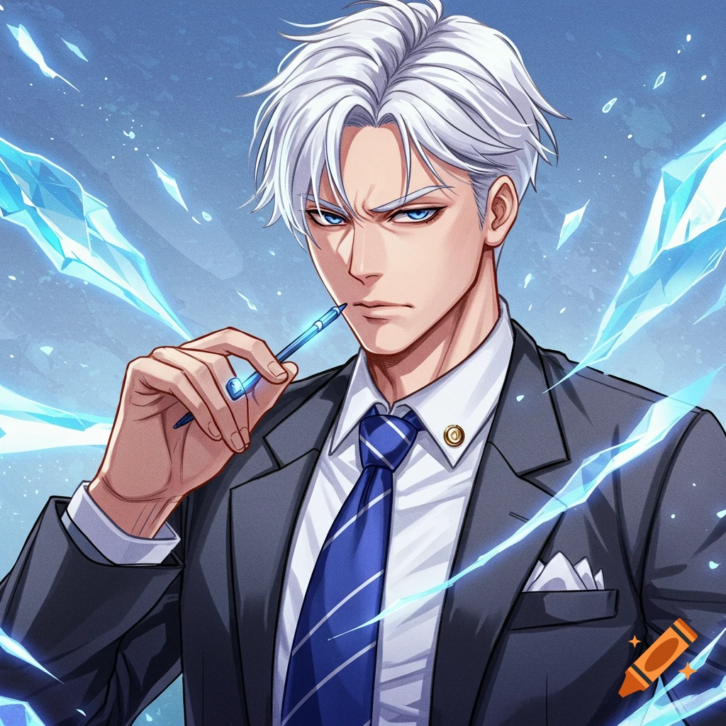 Anime style portrait of a handsome man with white hair and blue eyes in a suit holding a pen, with ice crystals.
