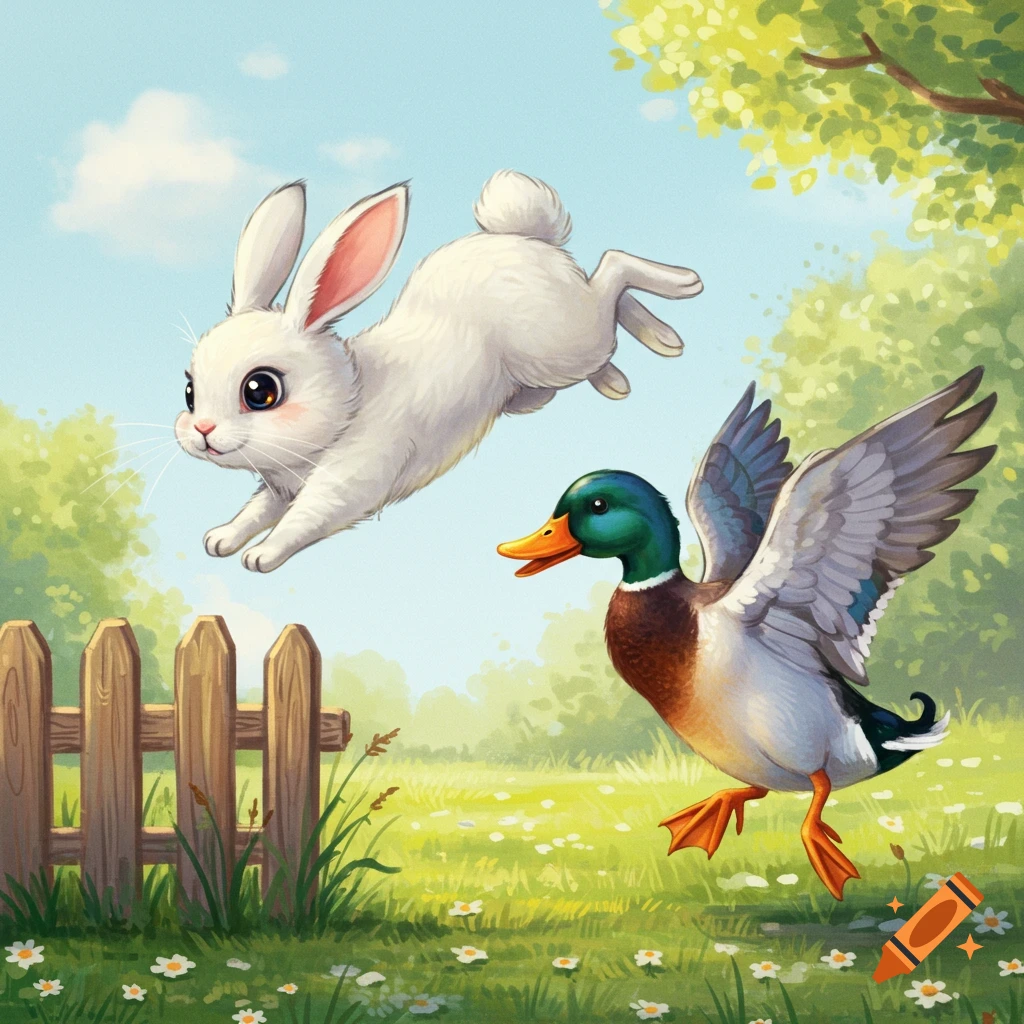 A white rabbit jumps over a fence next to a mallard duck flapping its wings in a grassy field with flowers, illustrated style.