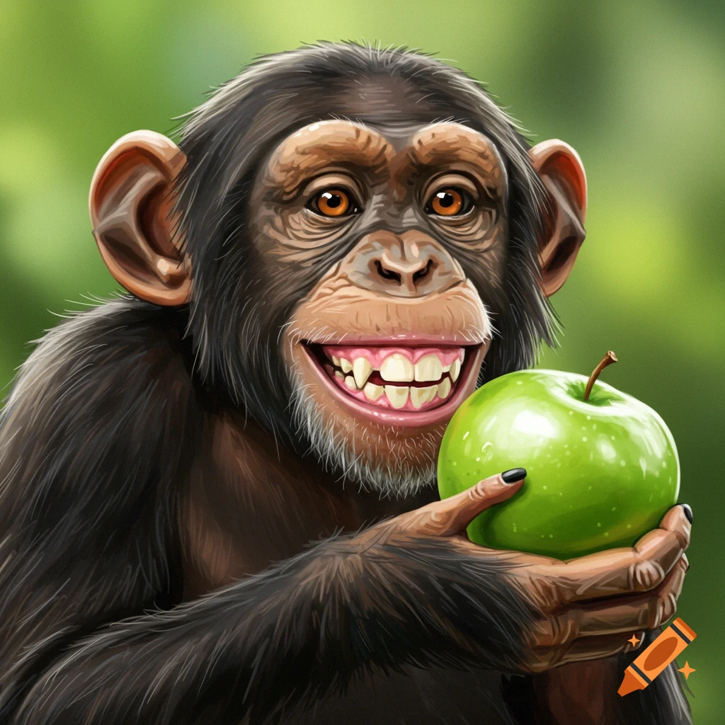 A smiling chimpanzee holding a green apple.