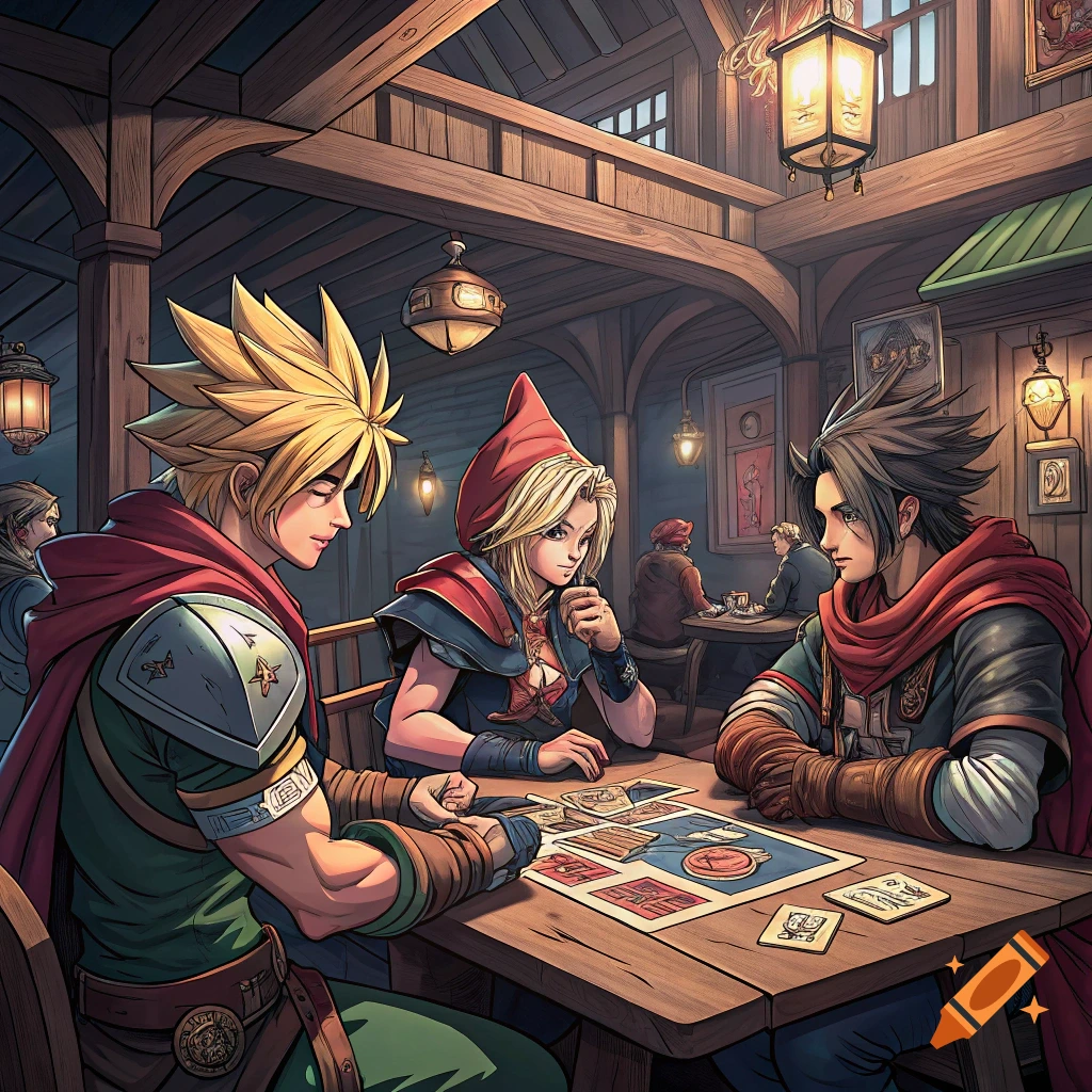 Three anime-style fantasy characters play a card game at a wooden table in a medieval tavern.