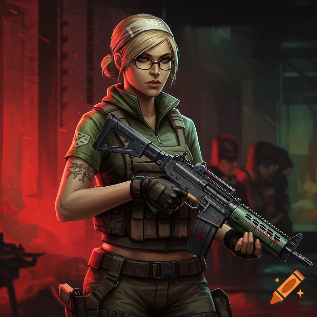 A woman in tactical gear is holding a rifle, possibly from Counter-Strike 2.