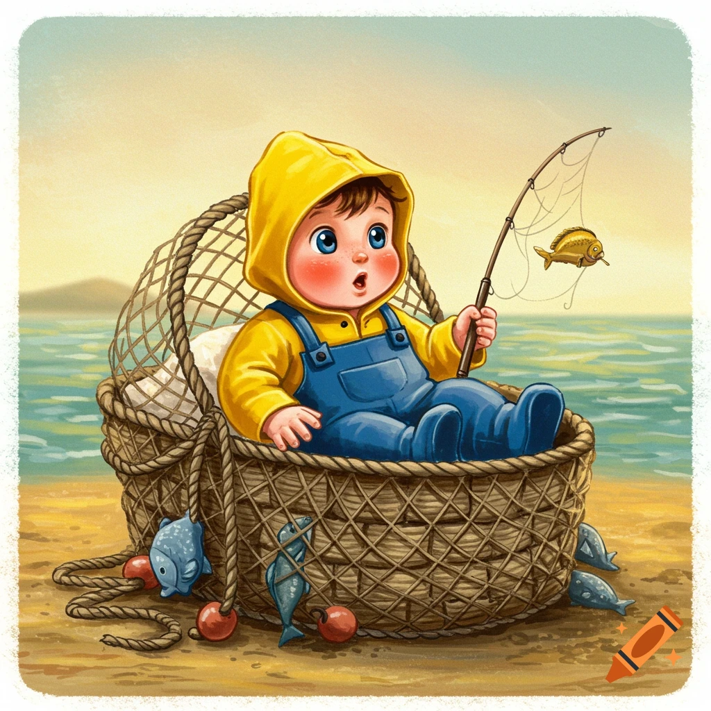 Whimsical depiction of a baby fisherman in a basket on the beach, catching a fish.