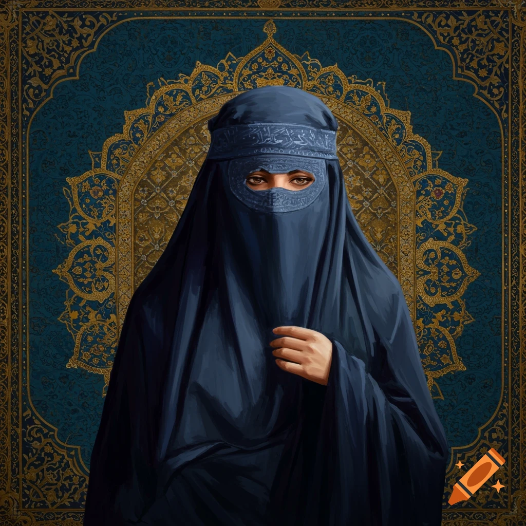 A woman in a blue burqa with an ornate gold and blue background.