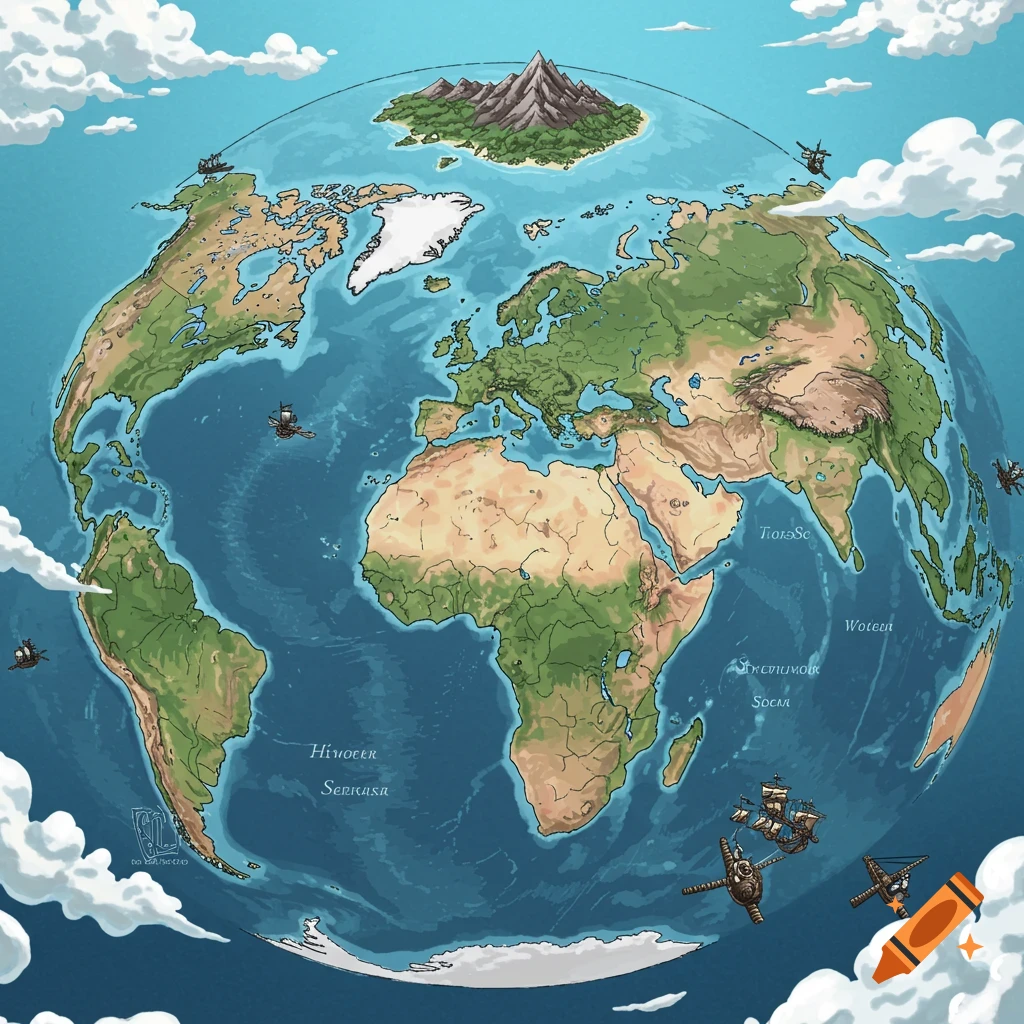 Stylized illustration of the Earth with continents, oceans, sailing ships, and clouds.