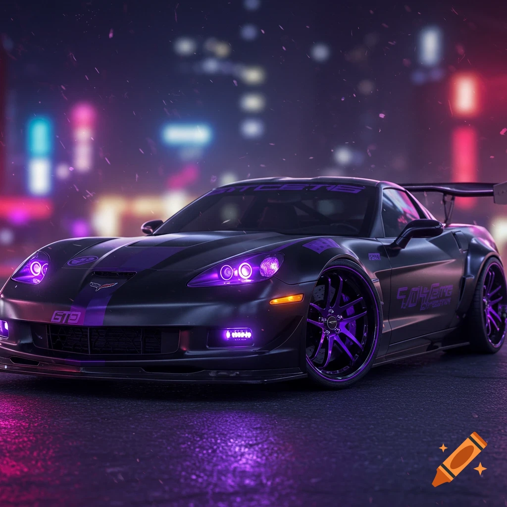 Matte black Corvette with purple lights on a wet street in a neon city.