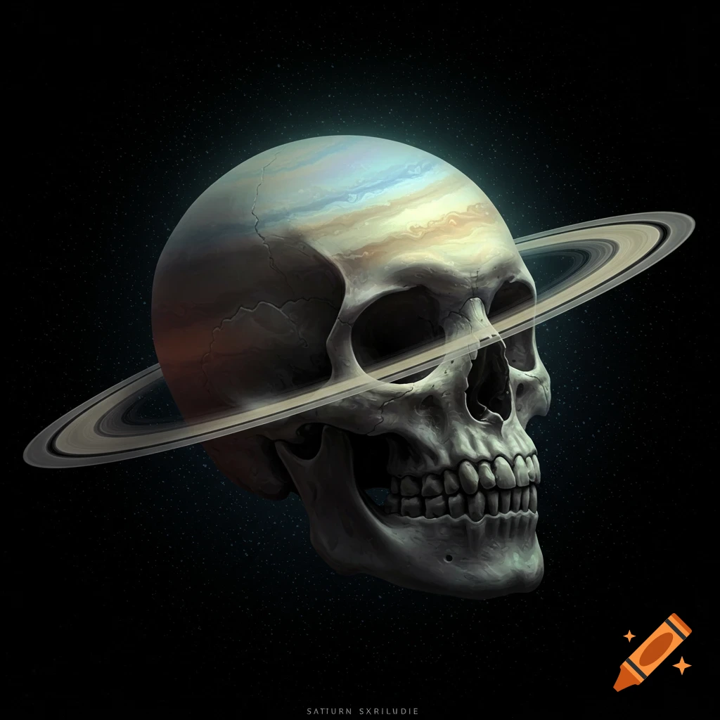 A stylized image of a skull with Saturn's planet and rings around its head in space.