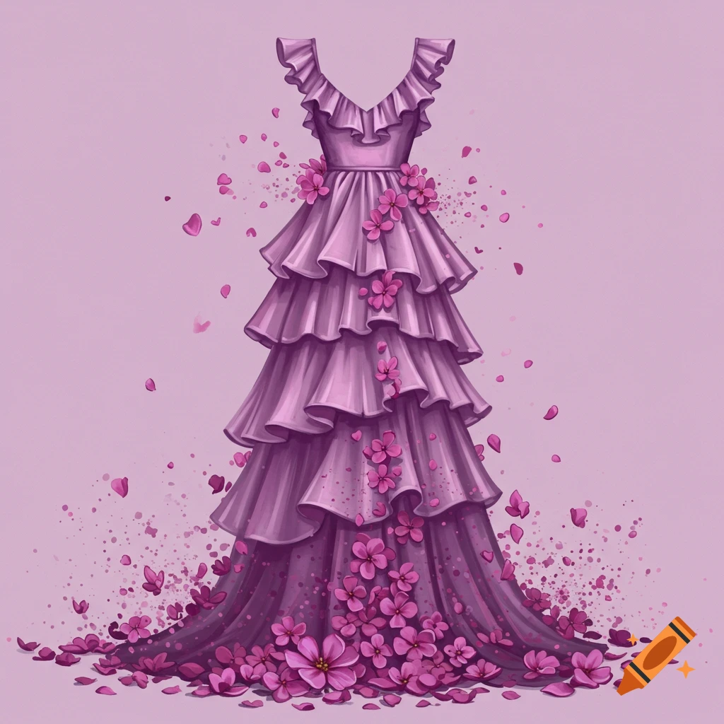 A ruffled purple dress is covered in pink flowers and petals.