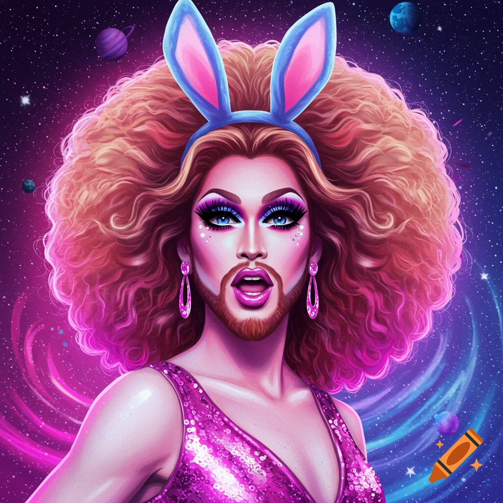 Portrait of a drag queen with bunny ears, big hair, heavy makeup, and a sparkly dress, against a space background.