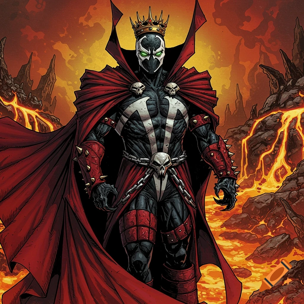 Spawn wearing a crown and red cape stands in a fiery landscape.