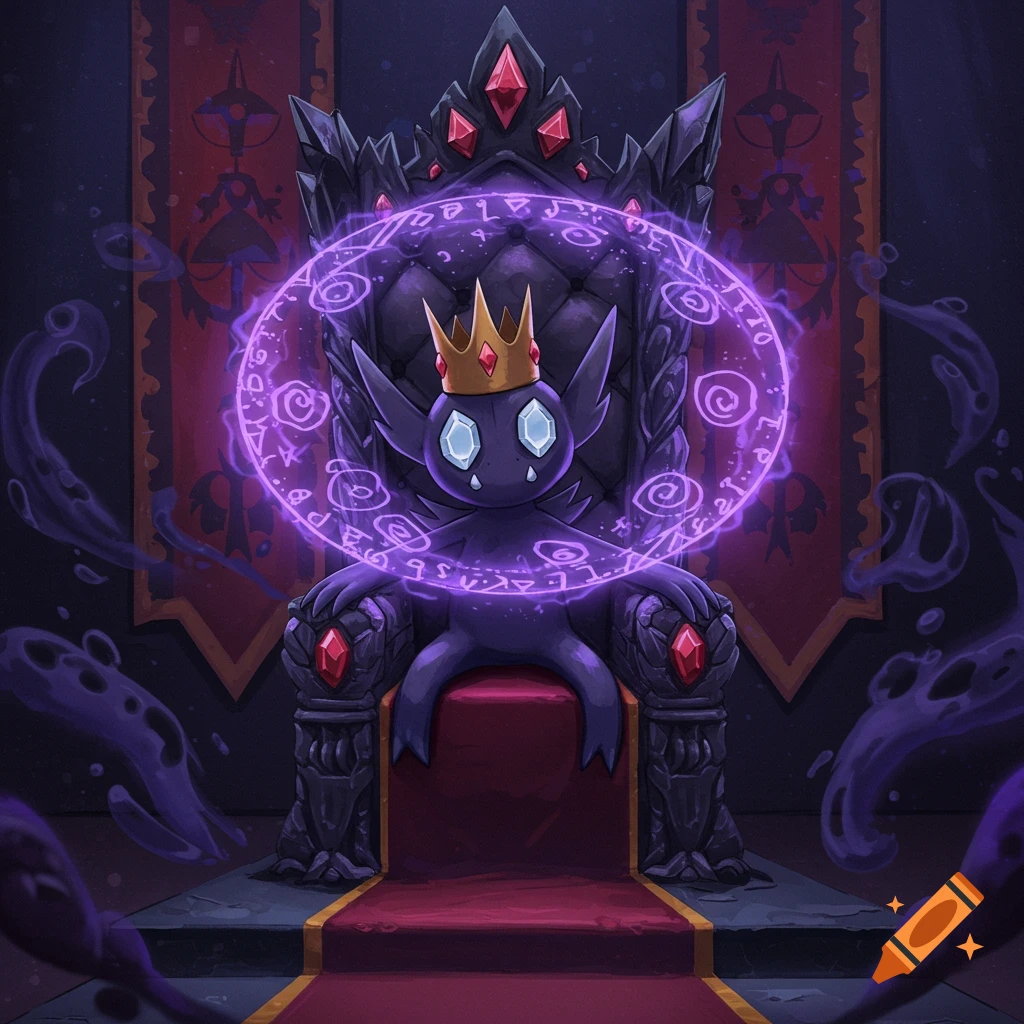 A purple creature wearing a crown is seated on a throne, encompassed by a luminous purple magic circle adorned with runes.
