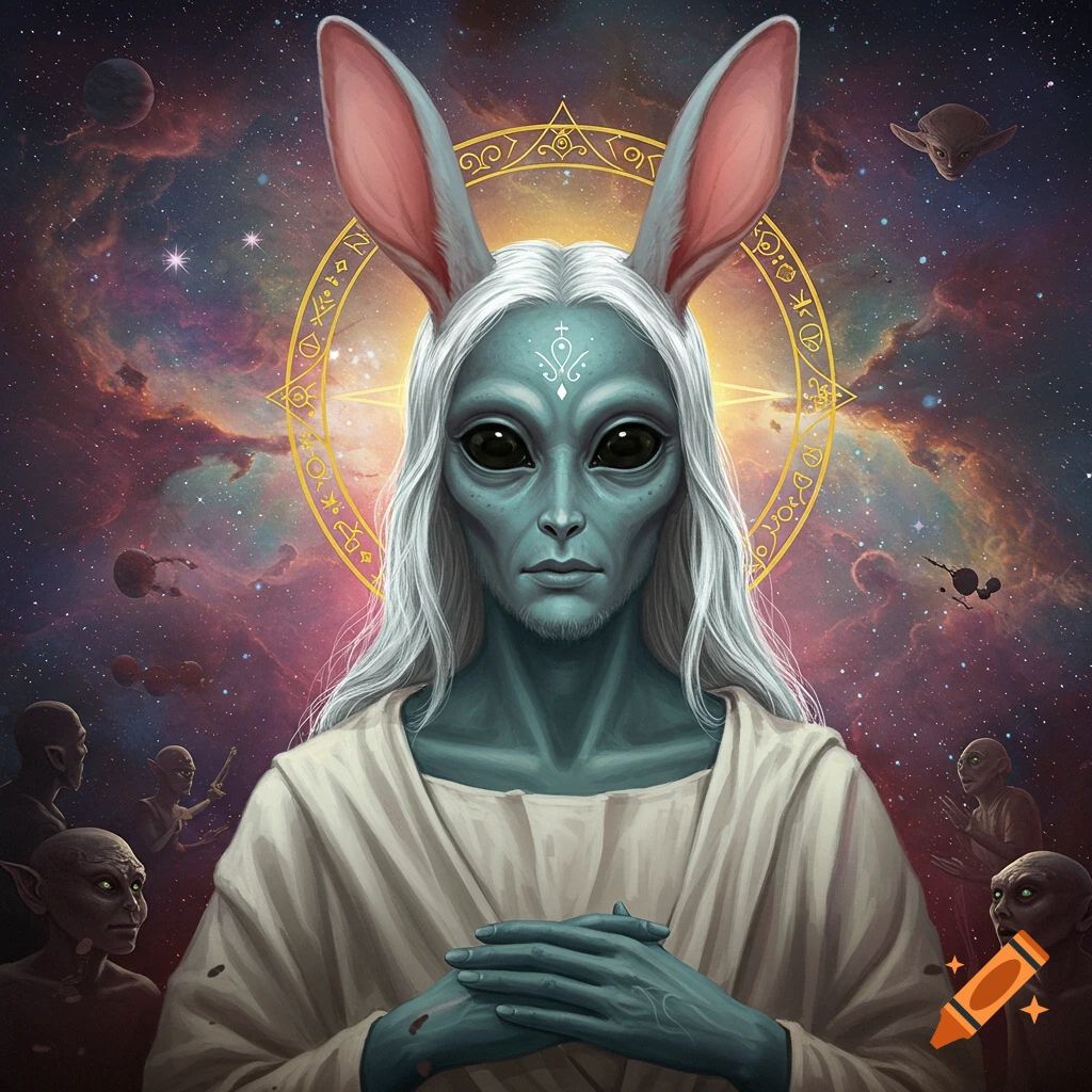 An alien figure with bunny ears and a halo in space, surrounded by planets and smaller aliens.