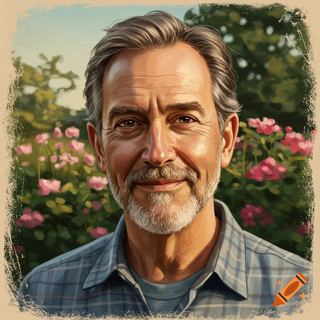 Portrait of an older man with a beard smiling in front of a garden background, with a distressed border.