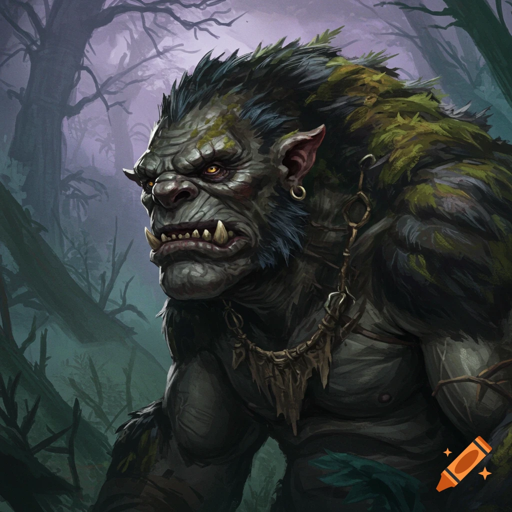A fantasy troll creature in a dark forest.
