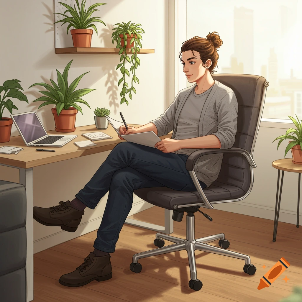 A man with a bun hairstyle sits at a desk and writes, surrounded by potted plants.