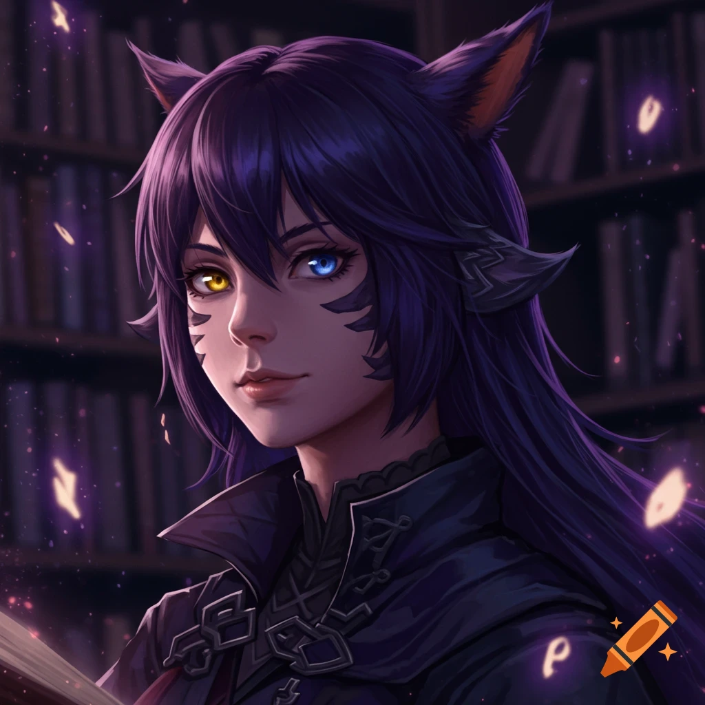 A woman with cat ears, purple hair, and heterochromia reading a book in a library.