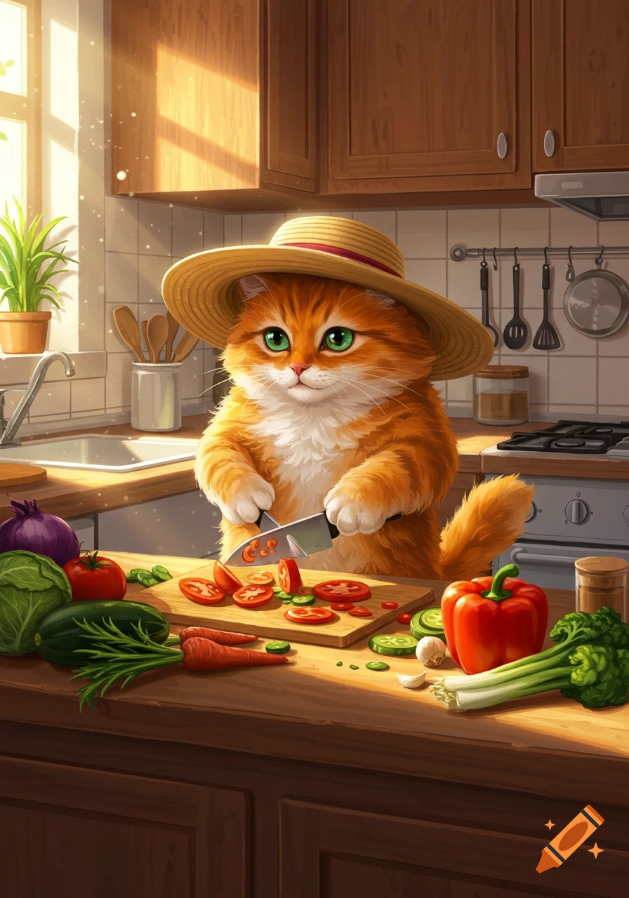 An orange cat wearing a straw hat chops vegetables in a bright kitchen.