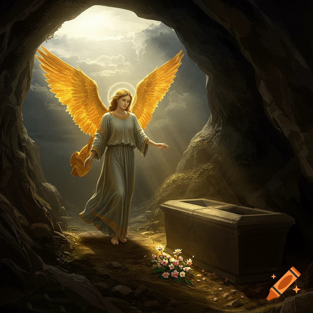 An angel with golden wings stands next to an empty tomb in a cave entrance bathed in light.
