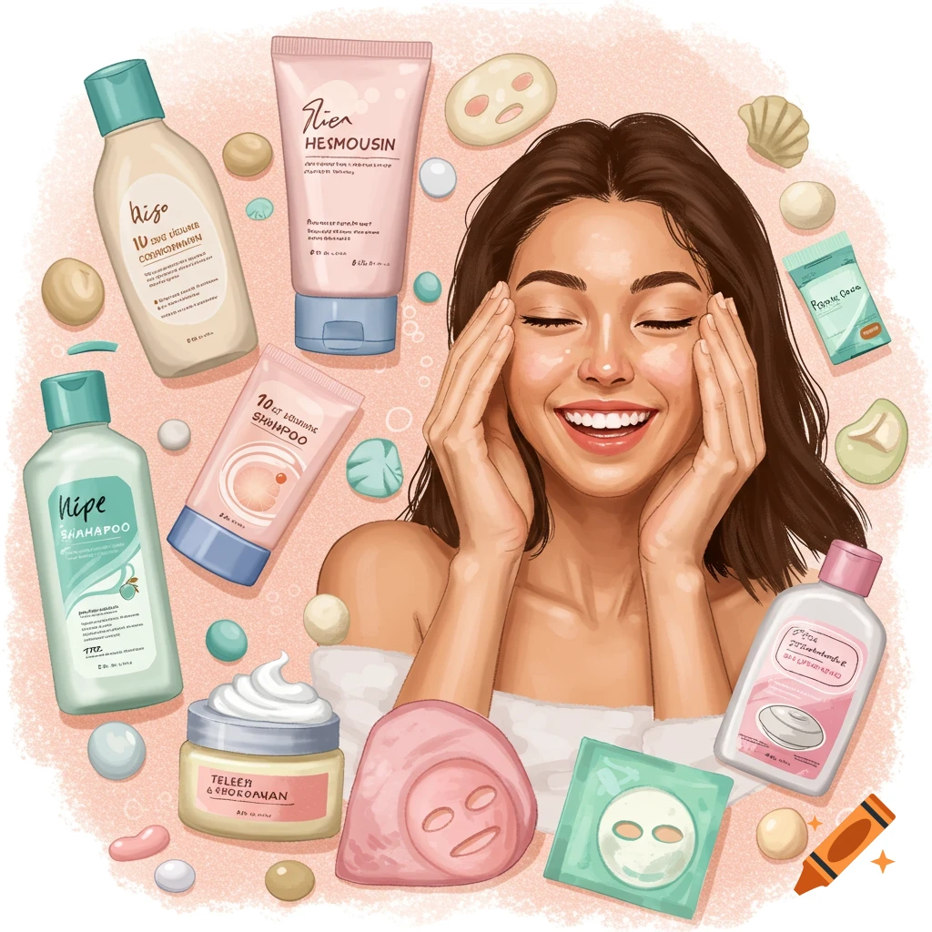A woman smiles among various skincare products.