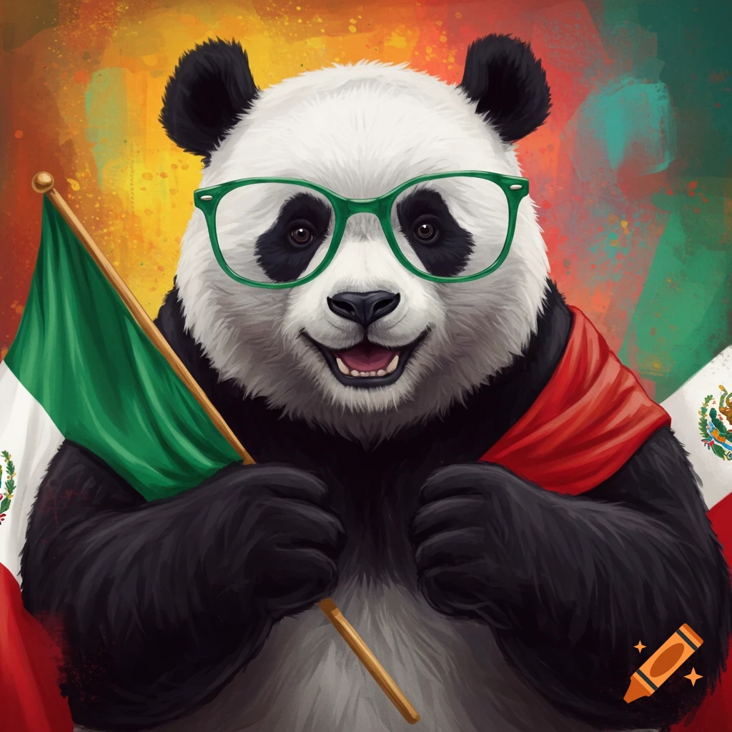 Anthropomorphic panda wearing glasses and holding a Mexican flag.