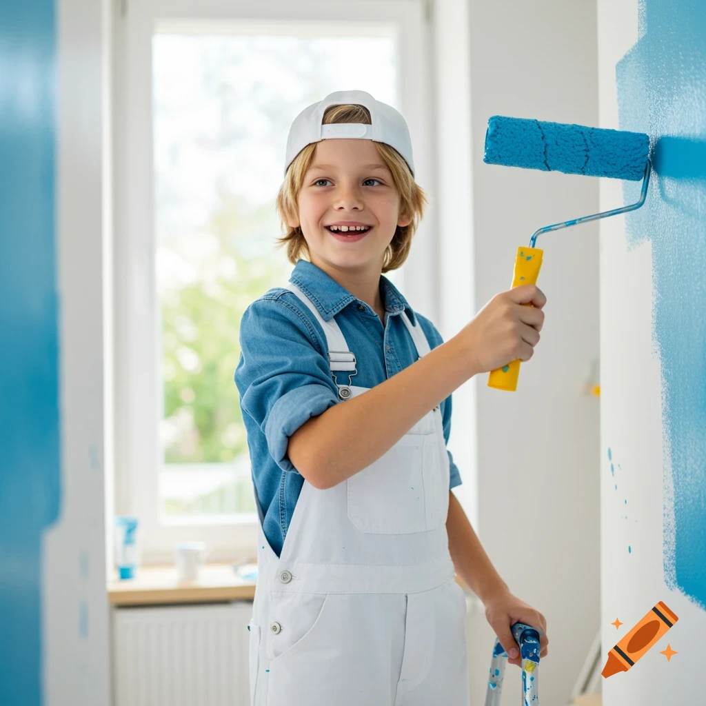 Young boy in overalls painting a wall blue with a roller