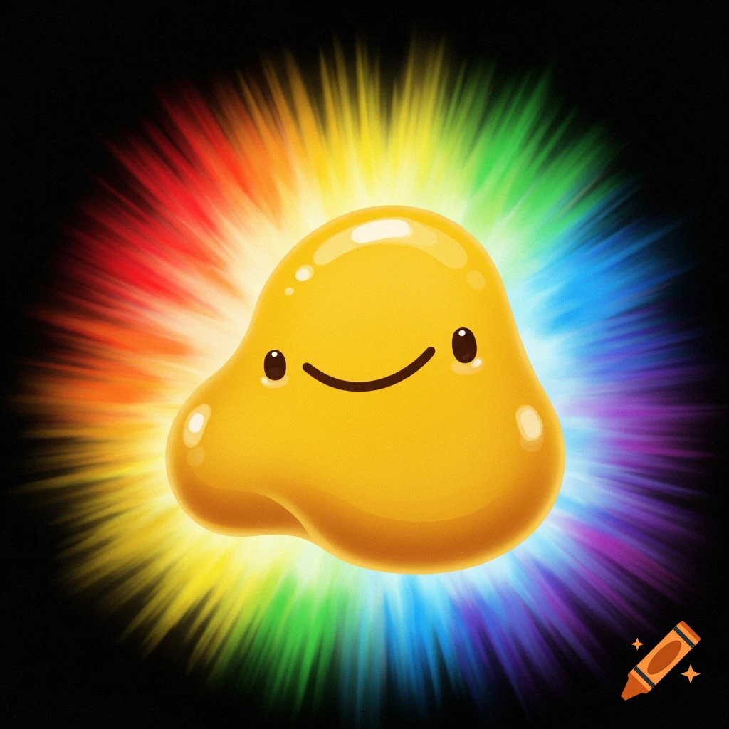 A yellow blob character with a rainbow aura on a black background