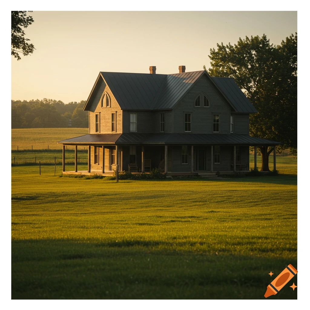 A farmhouse with a black tin roof and charcoal siding sits in a green field at sunset.