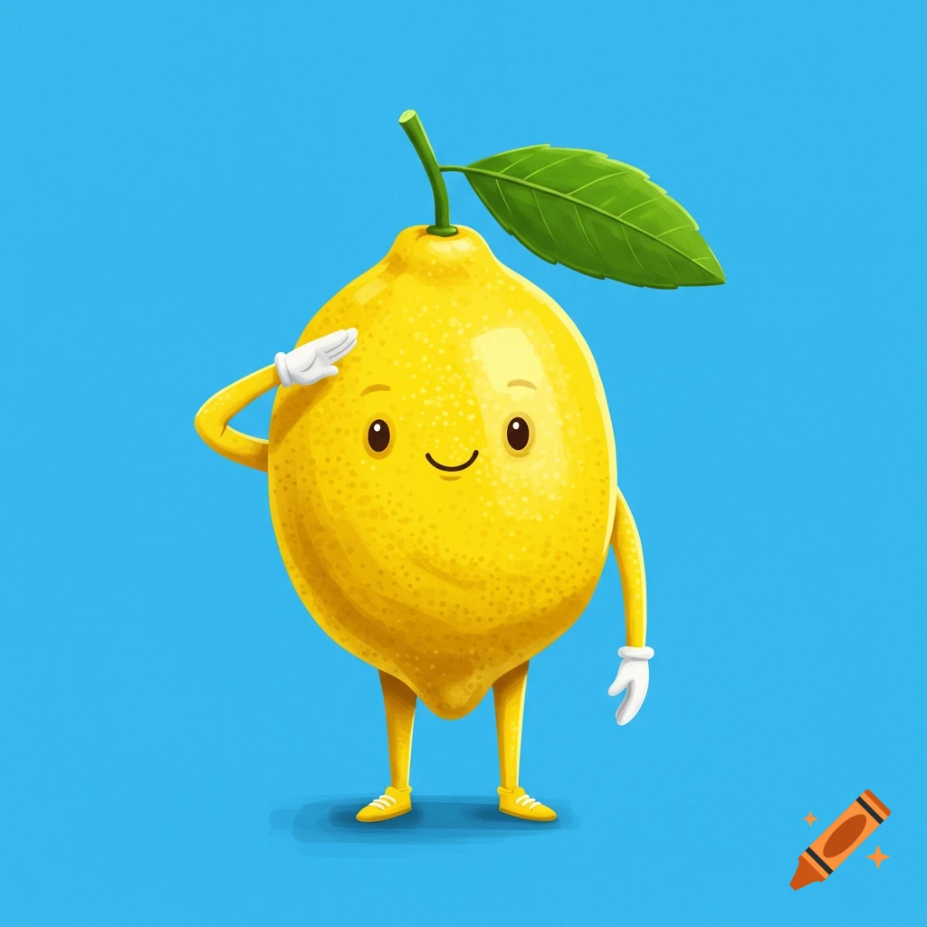 A cartoon lemon character with a leaf saluting.