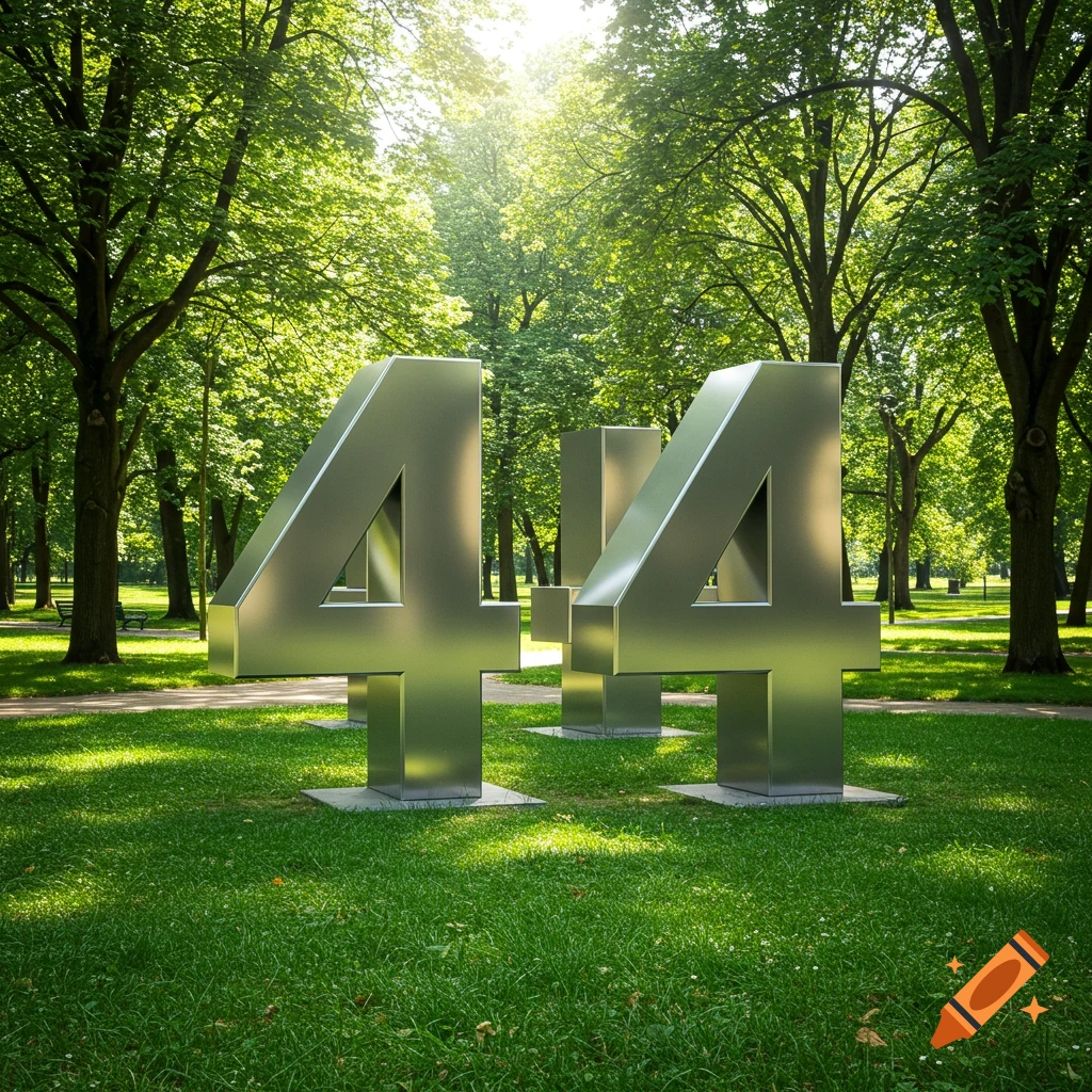 Large metallic number four sculptures in a sunny park
