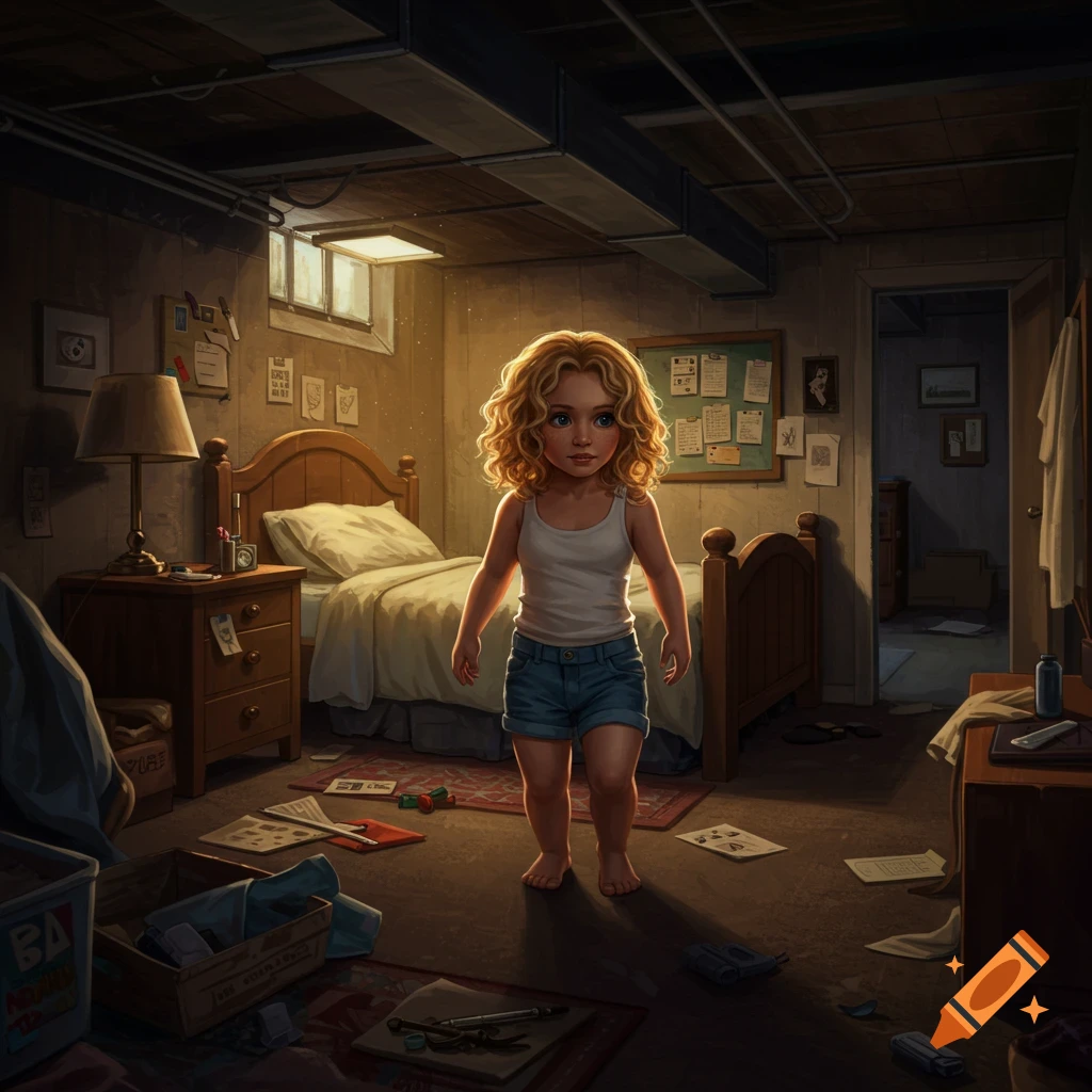 A child standing in a messy basement bedroom.