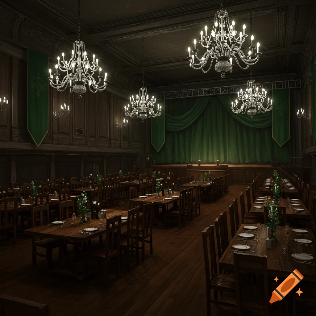 A large, dimly lit ballroom set up for an event, with multiple tables and chairs, chandeliers, and a stage with green curtains and banners.