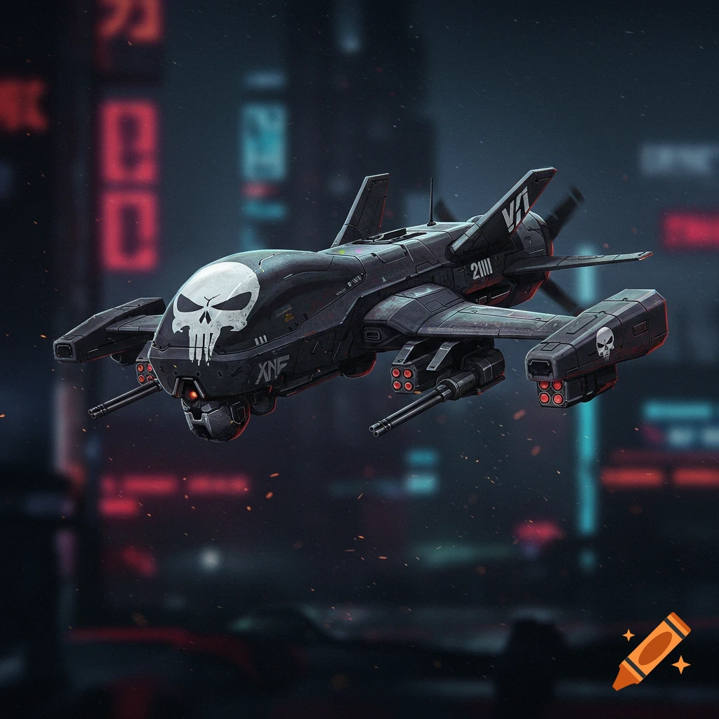 A dark, futuristic drone with a large skull on the front flies over a blurry city background.
